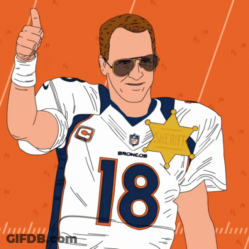 A Man Wearing A Broncos Jersey With A Sheriff 'S Badge On It GIF