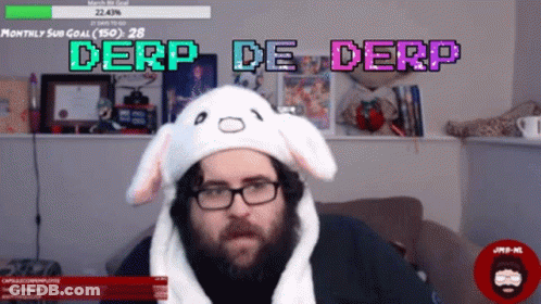 A Man Wearing A Bunny Hat With The Words Derp De Derp On The Top GIF