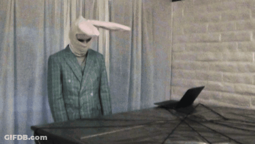 A Man Wearing A Bunny Mask Stands In Front Of A Laptop GIF