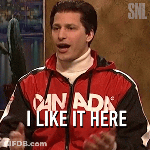 A Man Wearing A Canada Jacket Says " I Like It Here " GIF