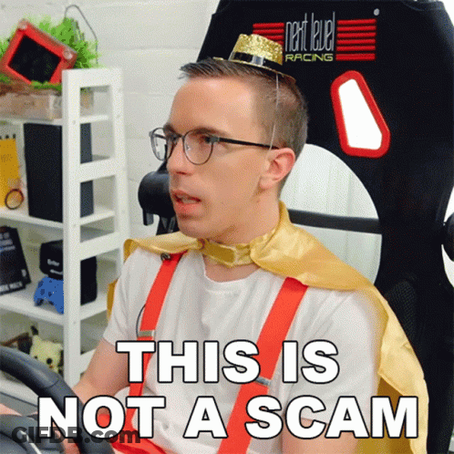 A Man Wearing A Cape And A Crown Says This Is Not A Scam While Sitting In A Chair GIF