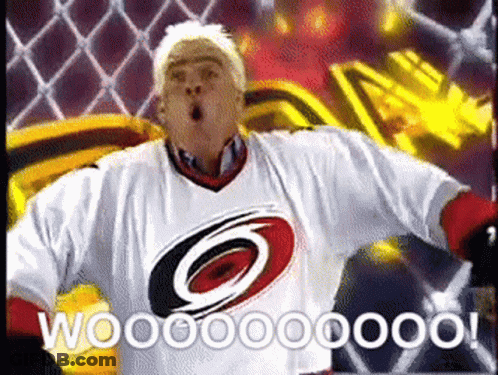 A Man Wearing A Carolina Hurricanes Jersey Is Celebrating A Goal GIF