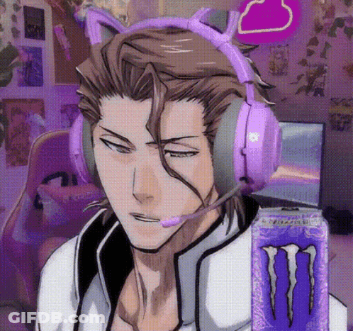 A Man Wearing A Cat Ear Headset Is Next To A Monster Energy Drink GIF