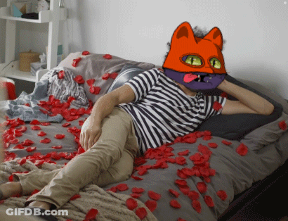 A Man Wearing A Cat Mask Is Laying On A Bed GIF