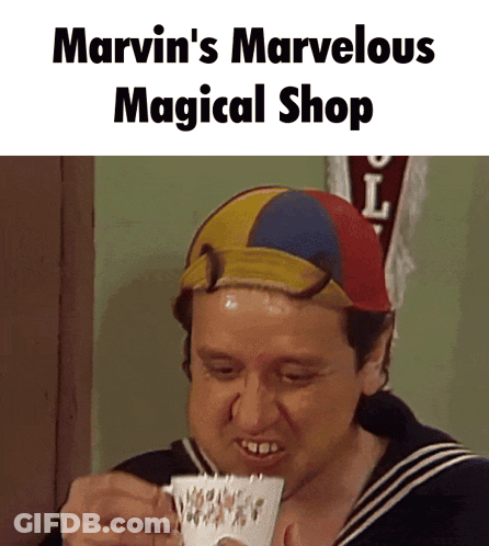 A Man Wearing A Colorful Hat Is Drinking From A Cup With The Words Marvin 'S Marvelous Magical Shop Above Him GIF
