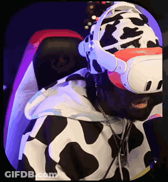 A Man Wearing A Cow Print Hat And Headphones GIF
