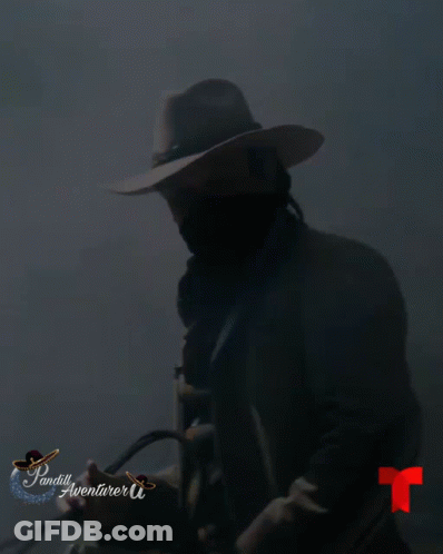 A Man Wearing A Cowboy Hat And A Bandana Is Featured On A Poster For Sandily Adventures GIF