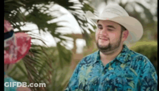 A Man Wearing A Cowboy Hat And A Blue Shirt Is Smiling GIF