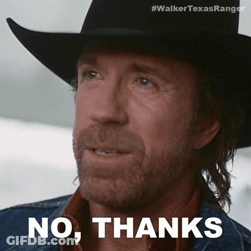 A Man Wearing A Cowboy Hat And A Denim Jacket Says No Thanks GIF