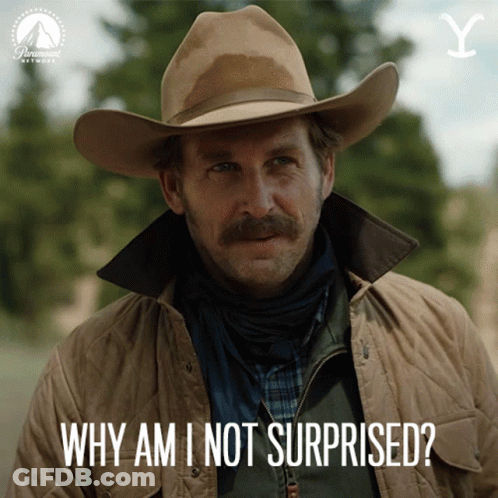 A Man Wearing A Cowboy Hat And A Jacket Says Why Am I Not Surprised GIF