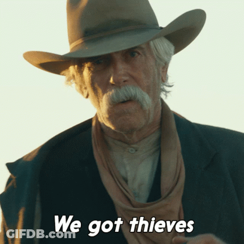 A Man Wearing A Cowboy Hat And A Scarf Says We Got Thieves GIF