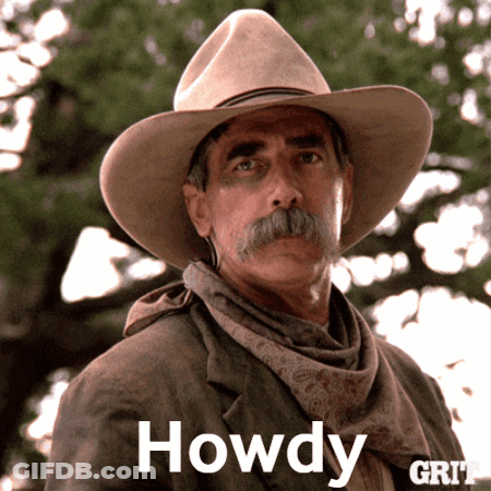 A Man Wearing A Cowboy Hat And A Scarf With The Word Howdy Written On It GIF