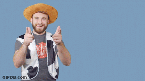 A Man Wearing A Cowboy Hat And A Vest That Says Sticker Giant On It GIF