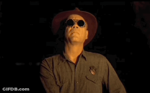 A Man Wearing A Cowboy Hat And Sunglasses Is Standing In The Dark With His Arms Crossed . GIF