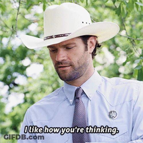 A Man Wearing A Cowboy Hat And Tie Says " I Like How You 'Re Thinking " GIF
