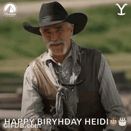 A Man Wearing A Cowboy Hat And Vest Says Happy Birthday Heidi GIF