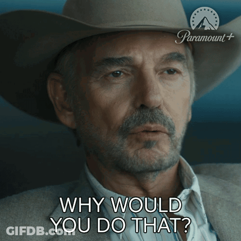 A Man Wearing A Cowboy Hat Is Asking Why Would You Do That GIF