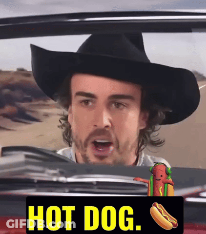 A Man Wearing A Cowboy Hat Is Driving A Car With A Hot Dog On The Hood GIF