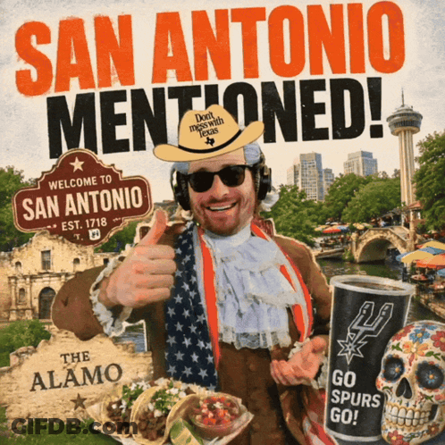A Man Wearing A Cowboy Hat Is Giving A Thumbs Up In Front Of A Sign That Says San Antonio Mentioned GIF