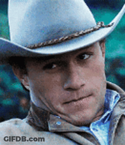 A Man Wearing A Cowboy Hat Is Looking At The Camera . GIF