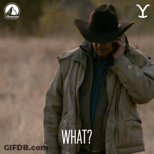 A Man Wearing A Cowboy Hat Is Talking On A Cell Phone And The Word What Is Above Him GIF