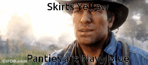 A Man Wearing A Cowboy Hat With The Words Skirts Yellow Panties Are Navy Blue Below Him GIF