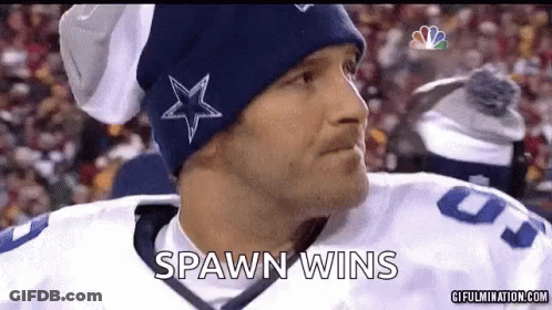 A Man Wearing A Cowboys Hat And Jersey Says Spawn Wins GIF