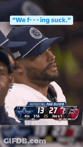 A Man Wearing A Cowboys Hat Is Watching A Football Game And Says " We F-Ing Suck " GIF