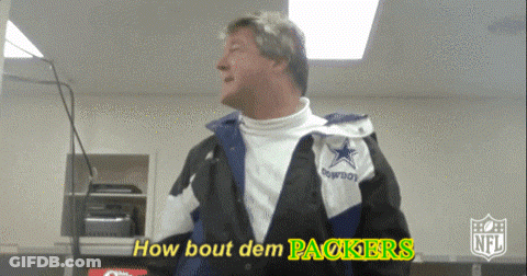A Man Wearing A Cowboys Jacket Is Talking About How Bout Dem Packers GIF