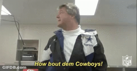 A Man Wearing A Cowboys Jacket Says " How Bout Dem Cowboys " GIF