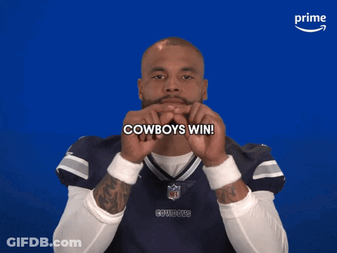 A Man Wearing A Cowboys Jersey Says Cowboys Win On A Blue Background GIF