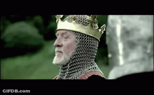 A Man Wearing A Crown And Chain Mail Is Standing In A Field GIF