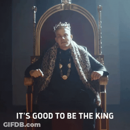 A Man Wearing A Crown Is Sitting On A Throne With The Words It 'S Good To Be The King Above Him GIF