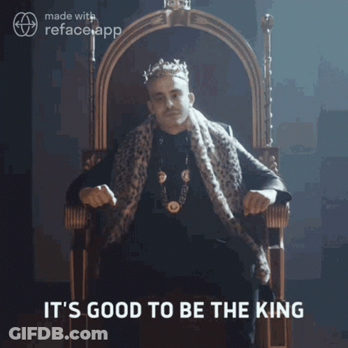 A Man Wearing A Crown Is Sitting On A Throne With The Words It 'S Good To Be The King Above Him GIF
