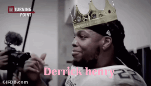 A Man Wearing A Crown With The Name Derrick Henry On The Bottom Right GIF