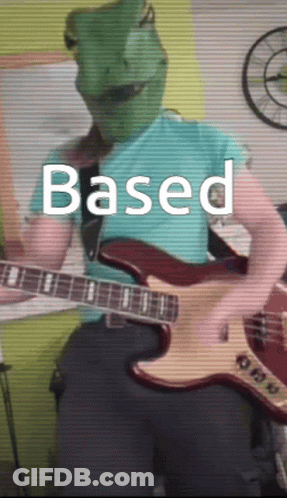 A Man Wearing A Dinosaur Mask Is Playing A Guitar With The Word Based Written Above Him GIF