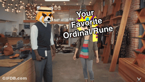 A Man Wearing A Dog Mask Talks To A Woman In A Store And Says Your Favorite Ordinal / Rune GIF