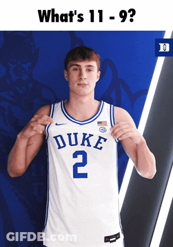 A Man Wearing A Duke Jersey Holds Up A Duke Logo GIF