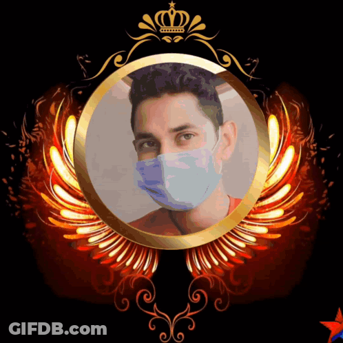 A Man Wearing A Face Mask Is In A Gold Frame With Wings GIF