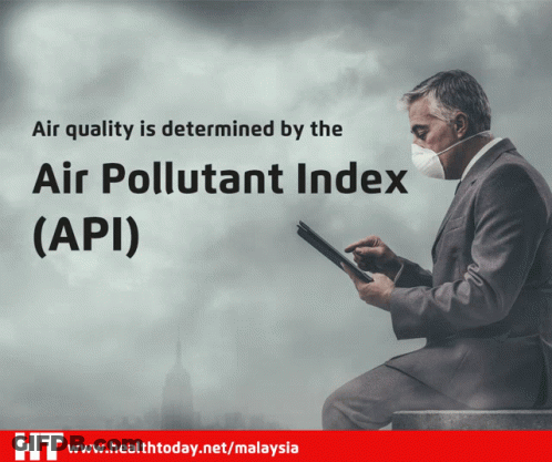 A Man Wearing A Face Mask Is Looking At A Tablet With The Words Air Quality Is Determined By The Air Pollutant Index GIF
