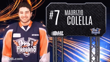 A Man Wearing A Firebirds Jersey Stands In Front Of A Sign That Says # 7 Maurizio Colella GIF