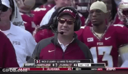 A Man Wearing A Fsu Hat And Sunglasses Stands In A Crowd Of People Watching A Football Game GIF