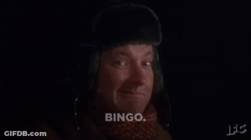 A Man Wearing A Fur Hat And Scarf Says " Bingo " GIF