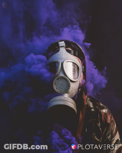 A Man Wearing A Gas Mask Is Surrounded By Purple Smoke And The Word Plotaverse Is On The Bottom GIF