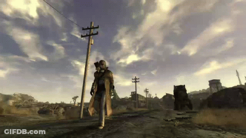 A Man Wearing A Gas Mask Is Walking Down A Street In A Video Game GIF
