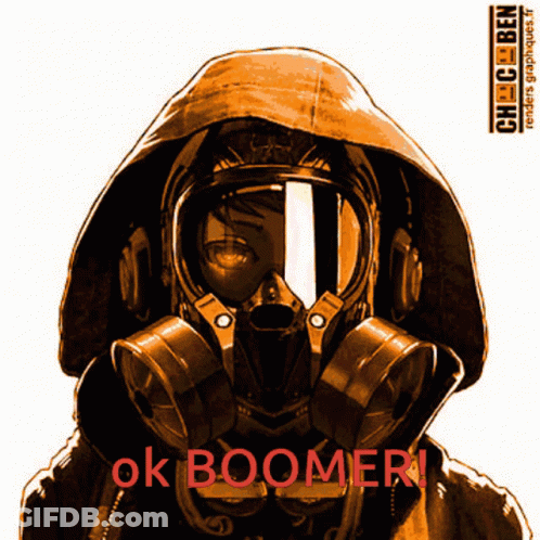 A Man Wearing A Gas Mask With The Words Ok Boomer Written On It GIF