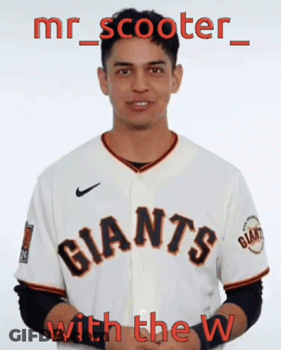 A Man Wearing A Giants Jersey Says Mr Scooter With The W. GIF