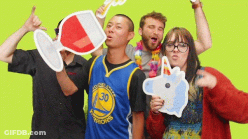 A Man Wearing A Golden State Warriors Jersey Is Surrounded By Friends GIF