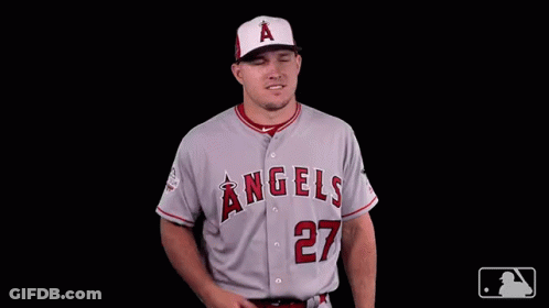 A Man Wearing A Gray Angels Jersey With The Number 27 On It GIF