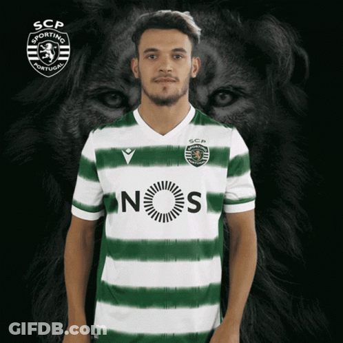 A Man Wearing A Green And White Striped Shirt That Says Scp Sporting Portugal GIF